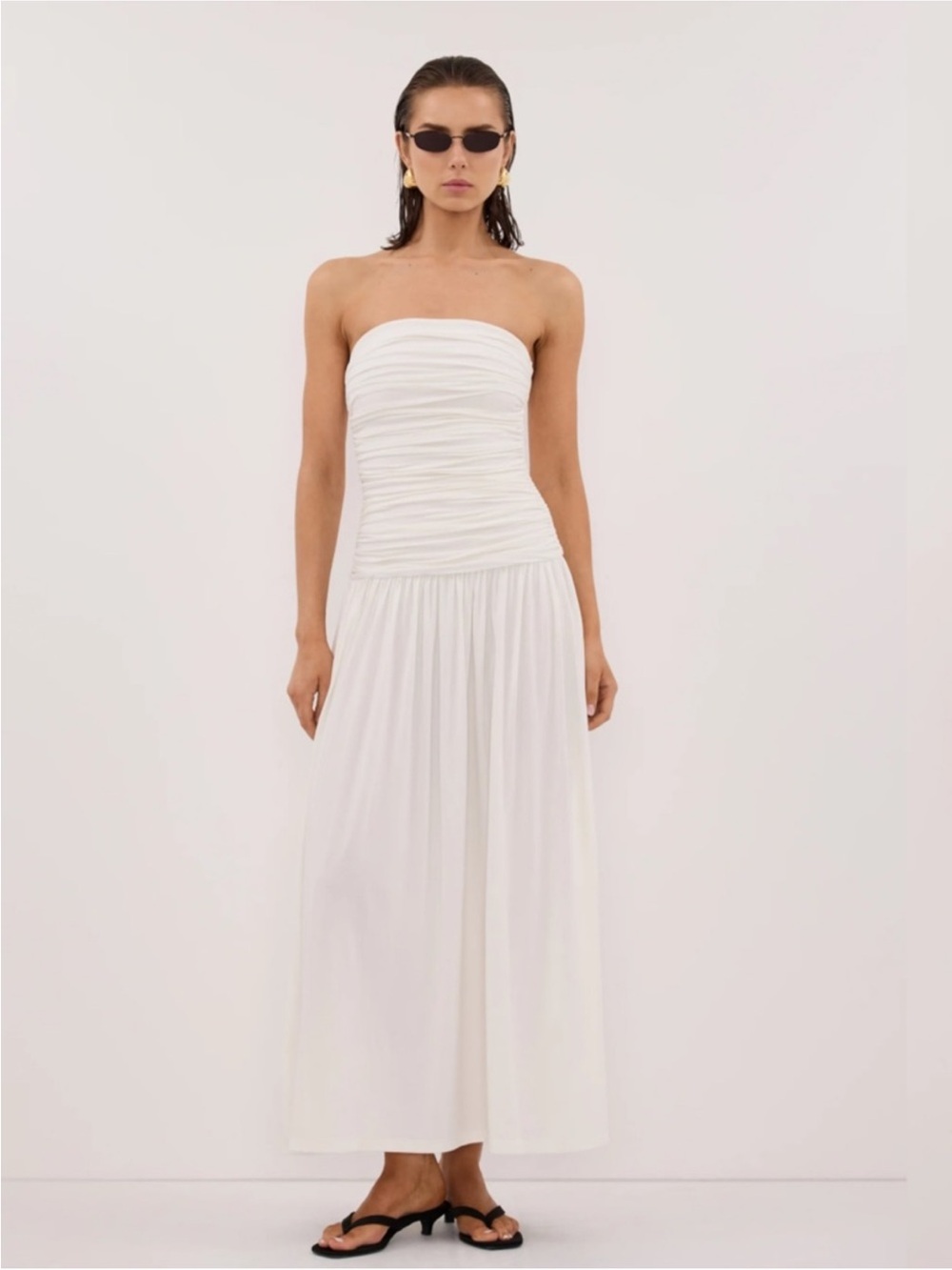 DISSH Strapless White Ruched Bodice Maxi Dress
